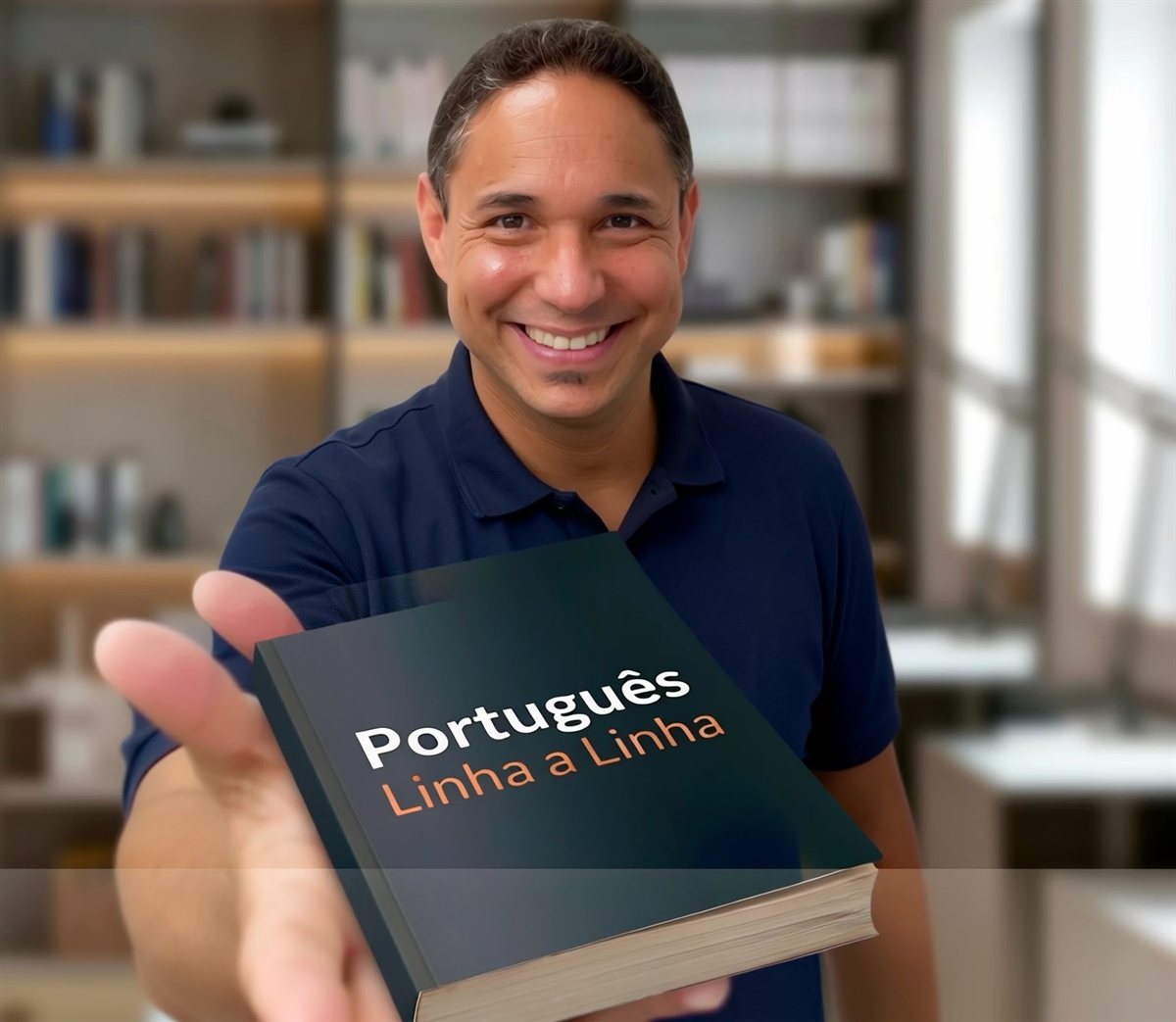Professor Murillo Cesar, de camisa polo azul-marinho, segurando o livro PortuguÃªs Linha a Linha.